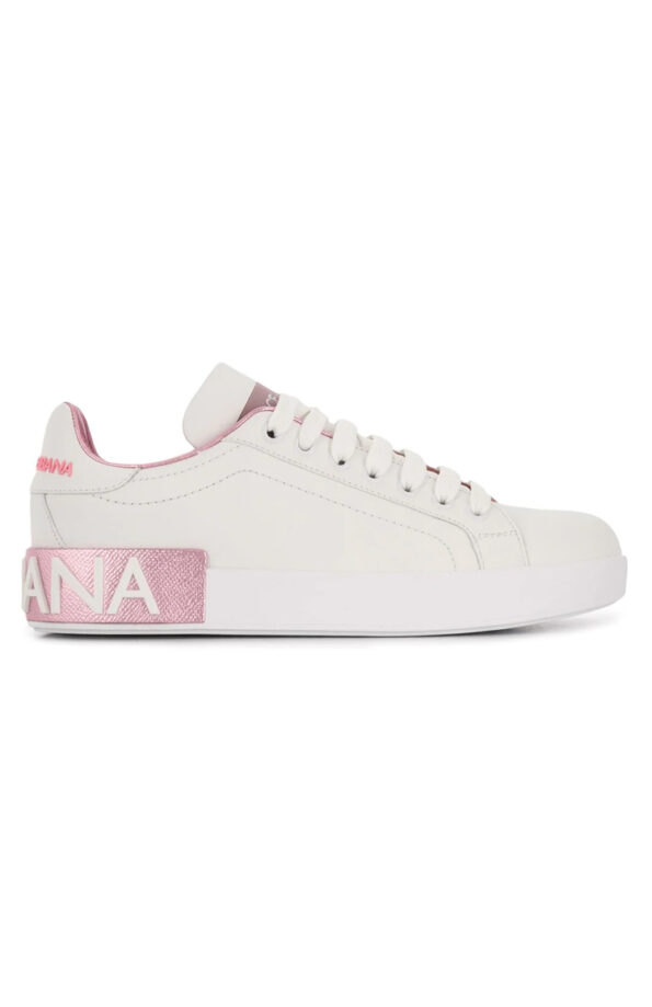 DOLCE GABBANA נעלי עור בצבע לבן/ורוד דגם PORTOFINO LOW TOP