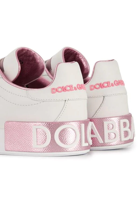DOLCE GABBANA נעלי עור בצבע לבן/ורוד דגם PORTOFINO LOW TOP