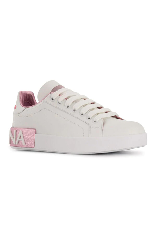 DOLCE GABBANA נעלי עור בצבע לבן/ורוד דגם PORTOFINO LOW TOP
