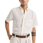 חולצה פשתן מכופתרת קרם Garment-Dyed Linen