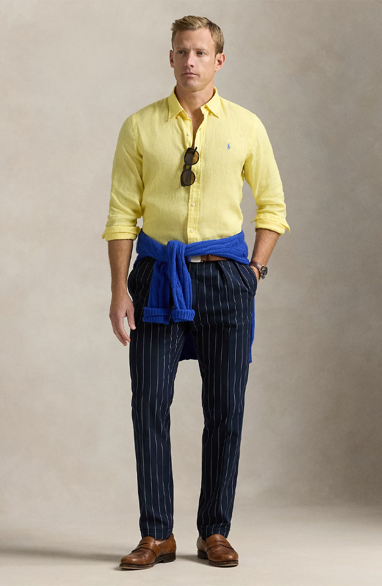חולצת פשתן מכופתרת צהובה Slim Fit Linen
