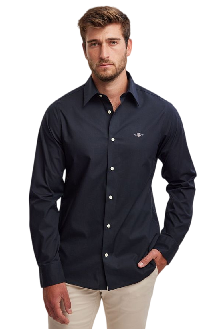 חולצה מכופתרת שחורה Slim Fit Stretch Poplin