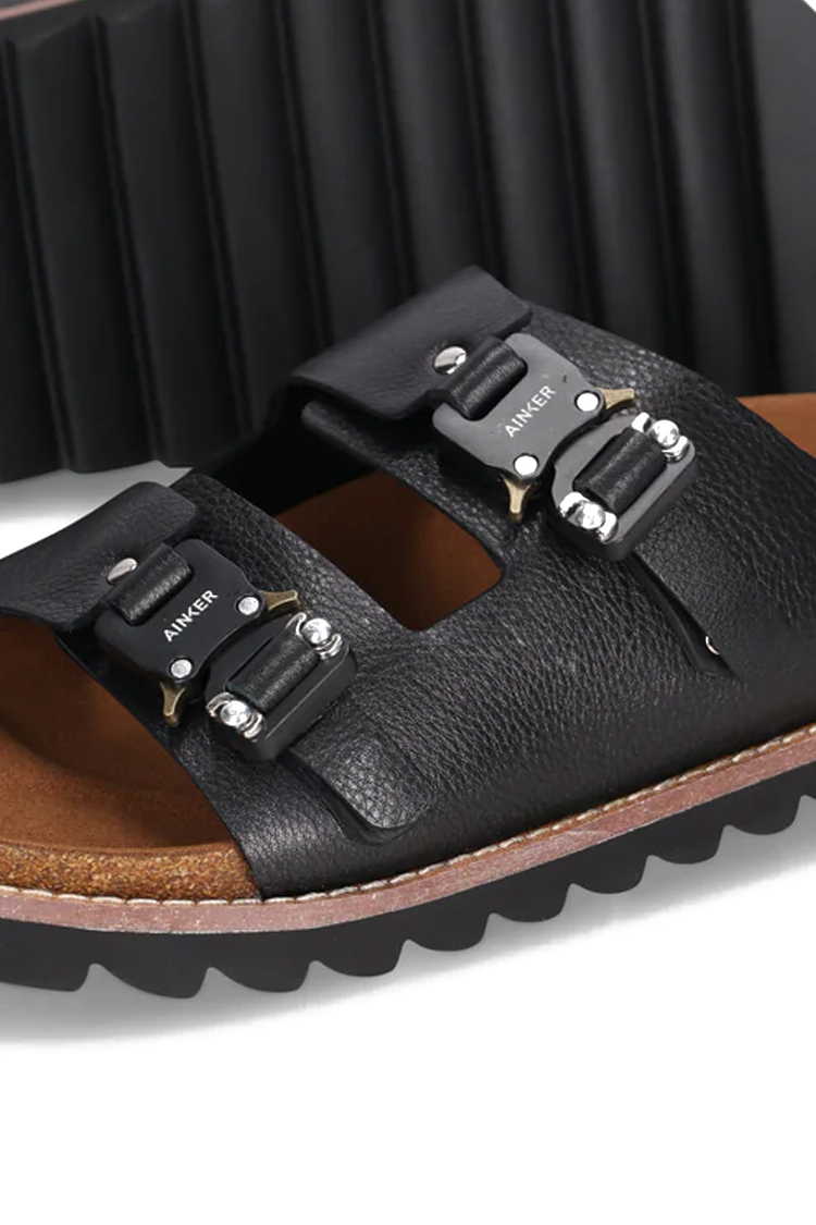כפכפי עור אינקר AINKER שחור גברים דגם Swish Leather מדרס שעם אבזמי מתכת