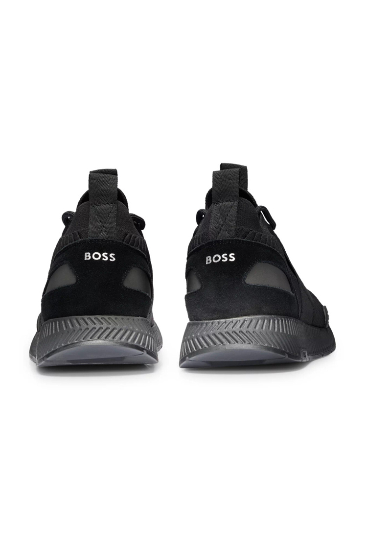 סניקרס הוגו בוס BOSS שחור זמש בד רשת גזרת מיד דגם Titanium runn knsta לוגו מותג
