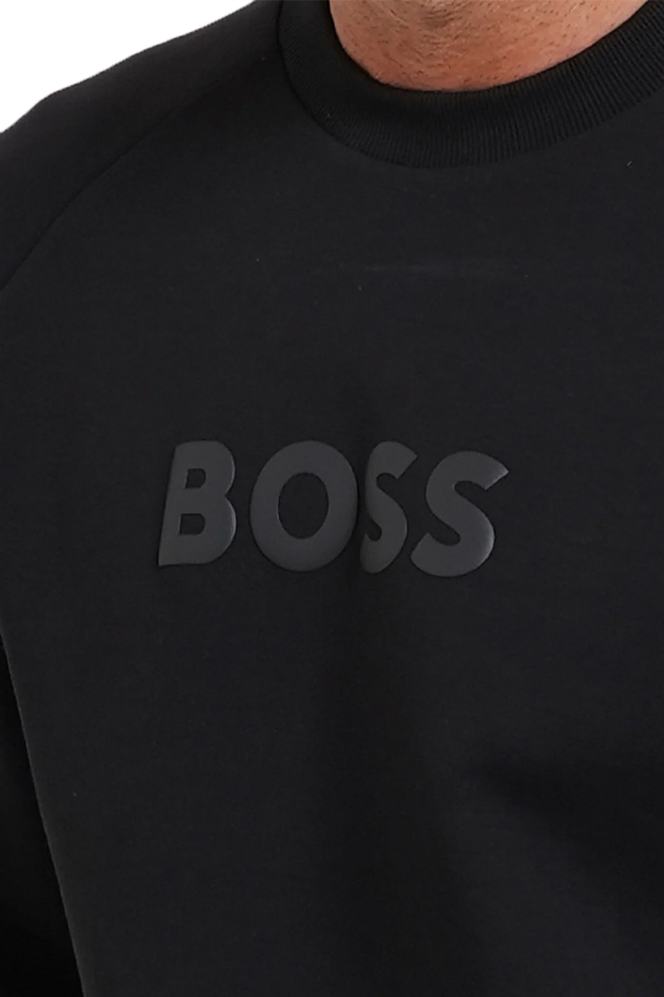סווטשירט בוס BOSS שחור דגם Salbo תבליט מבריק כותנה גמישה גזרה רגילה