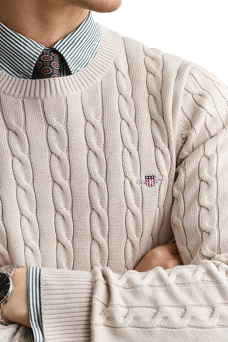 סריג גאנט GANT בז׳ כותנה דגם Cotton Cable Knit סריג כבלים צמה רקמה