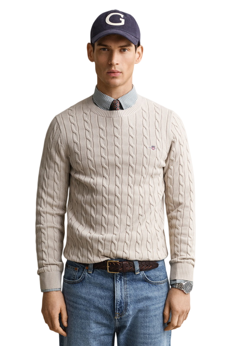 סריג גאנט GANT בז׳ כותנה דגם Cotton Cable Knit סריג כבלים צמה רקמה