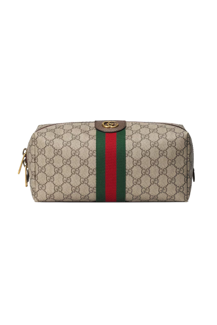 תיק רחצה גוצ’י Gucci דגם GG Supreme עם רצועת מותג ועיטורי עור