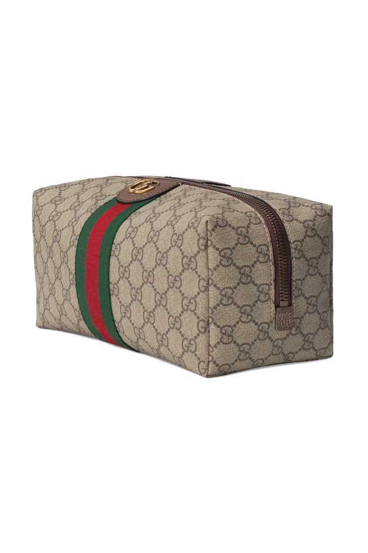תיק רחצה גוצ’י Gucci דגם GG Supreme עם רצועת מותג ועיטורי עור