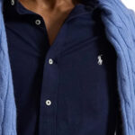 חולצה מכופתרת פולו ראלף לורן POLO RALPH LAUREN פשתן כחול כהה גברים סלים פיט רקמת לוגו