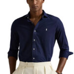 חולצה מכופתרת פולו ראלף לורן POLO RALPH LAUREN פשתן כחול כהה גברים סלים פיט רקמת לוגו