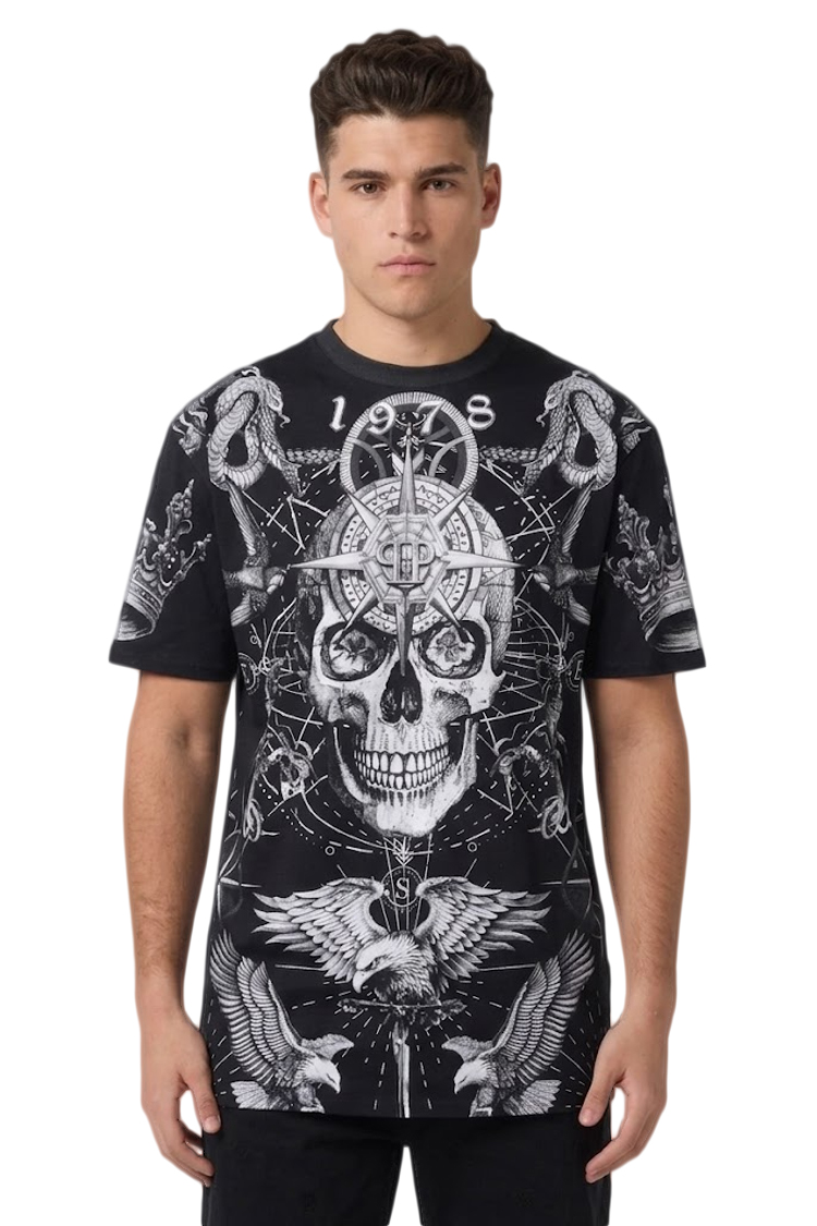 חולצת פיליפ פליין Philipp Plein בצבע שחור עם הדפס קעקועים צבעוני וגולגולת 100% כותנה