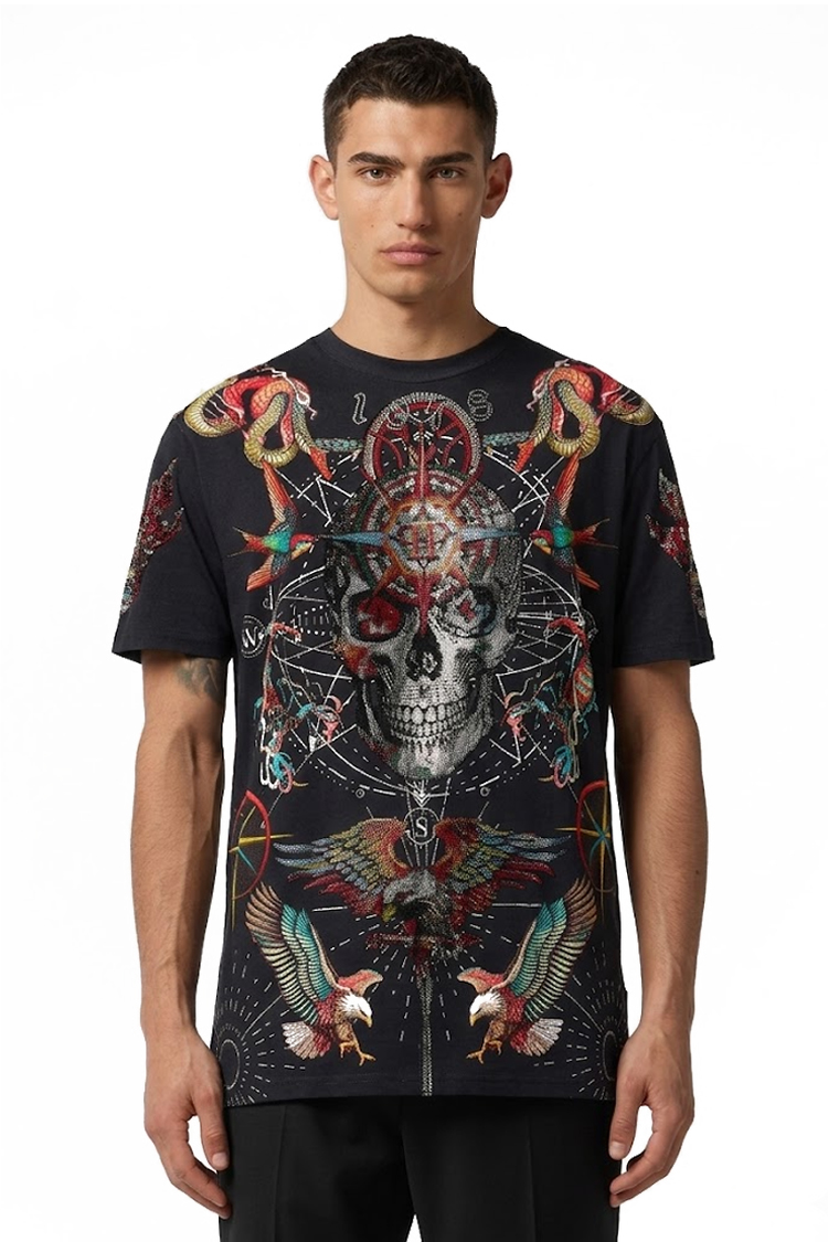 טי שירט פיליפ פליין Philipp Plein עם הדפס קעקועים צבעוני וגולגולת 100% כותנה