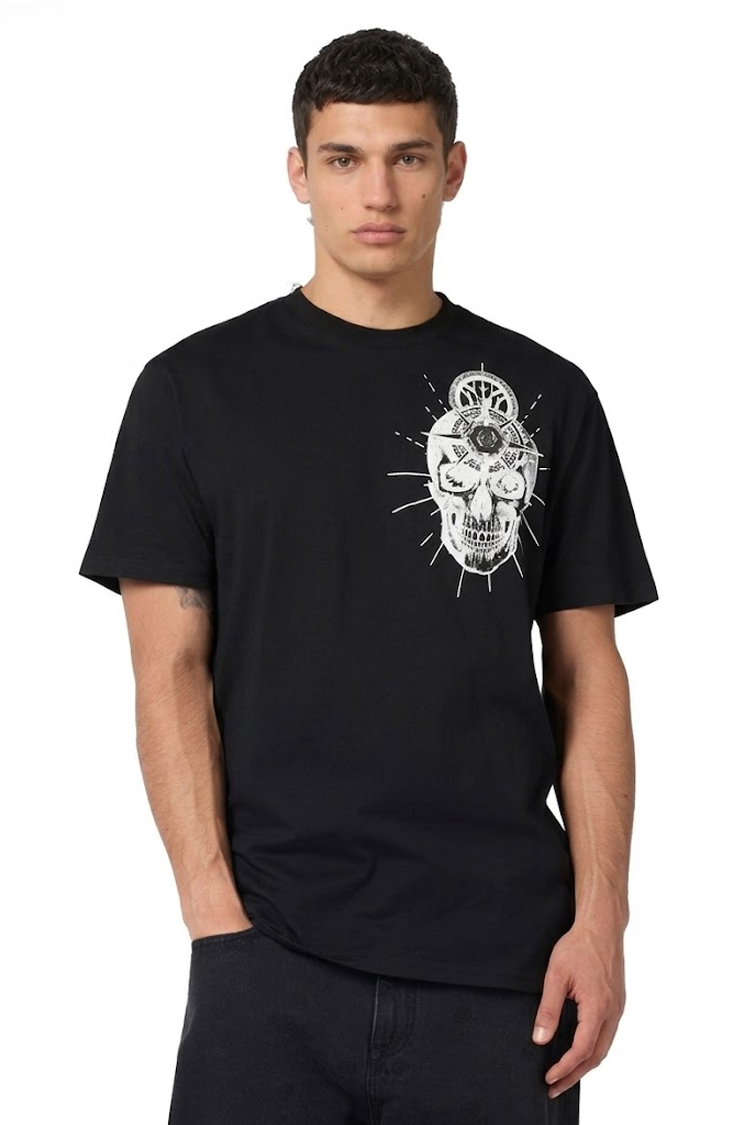 טי שירט פיליפ פליין Philipp Plein שחורה עם הדפס גולגולת לבנה 100% כותנה