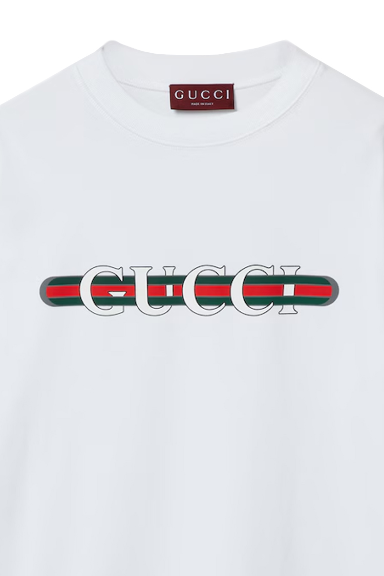 טי שירט גוצ'י GUCCI לבנה אוברסייז עם הדפס לוגו גדול כותנה איכותית