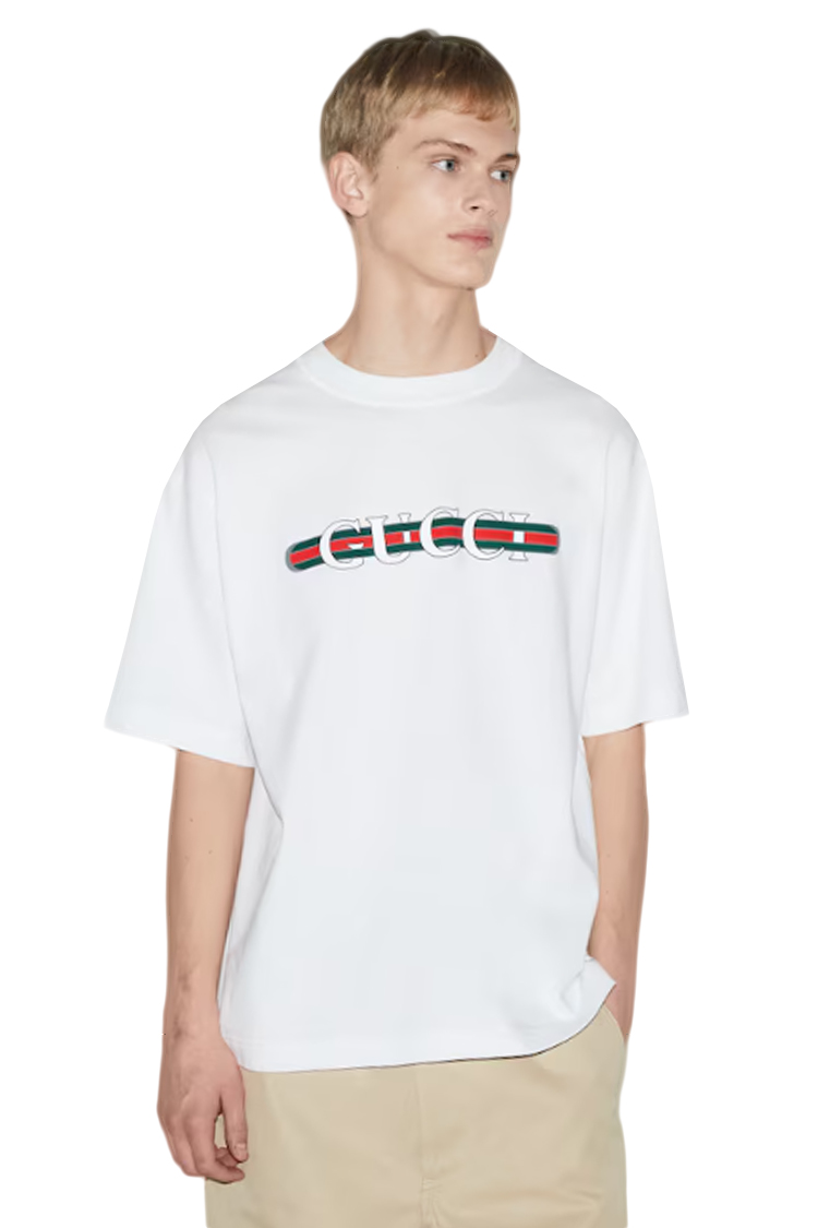 טי שירט גוצ'י GUCCI לבנה אוברסייז עם הדפס לוגו גדול כותנה איכותית