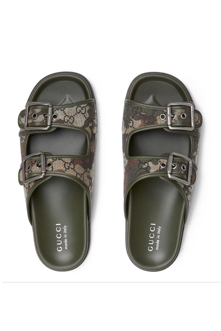 פכפי גוצ’י GUCCI אפור שחור תבנית לוגו GG אבזמים מטאליים סוליית עור