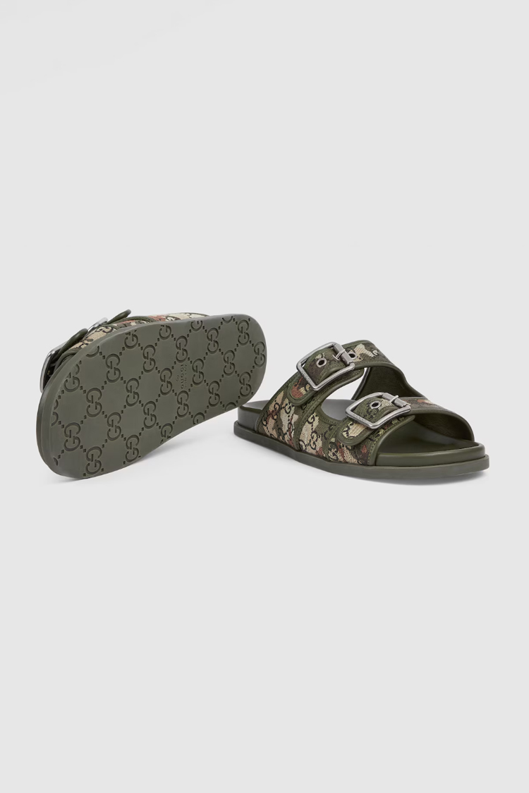 פכפי גוצ’י GUCCI אפור שחור תבנית לוגו GG אבזמים מטאליים סוליית עור