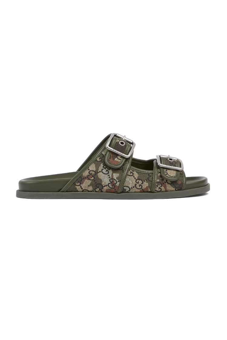 פכפי גוצ’י GUCCI אפור שחור תבנית לוגו GG אבזמים מטאליים סוליית עור