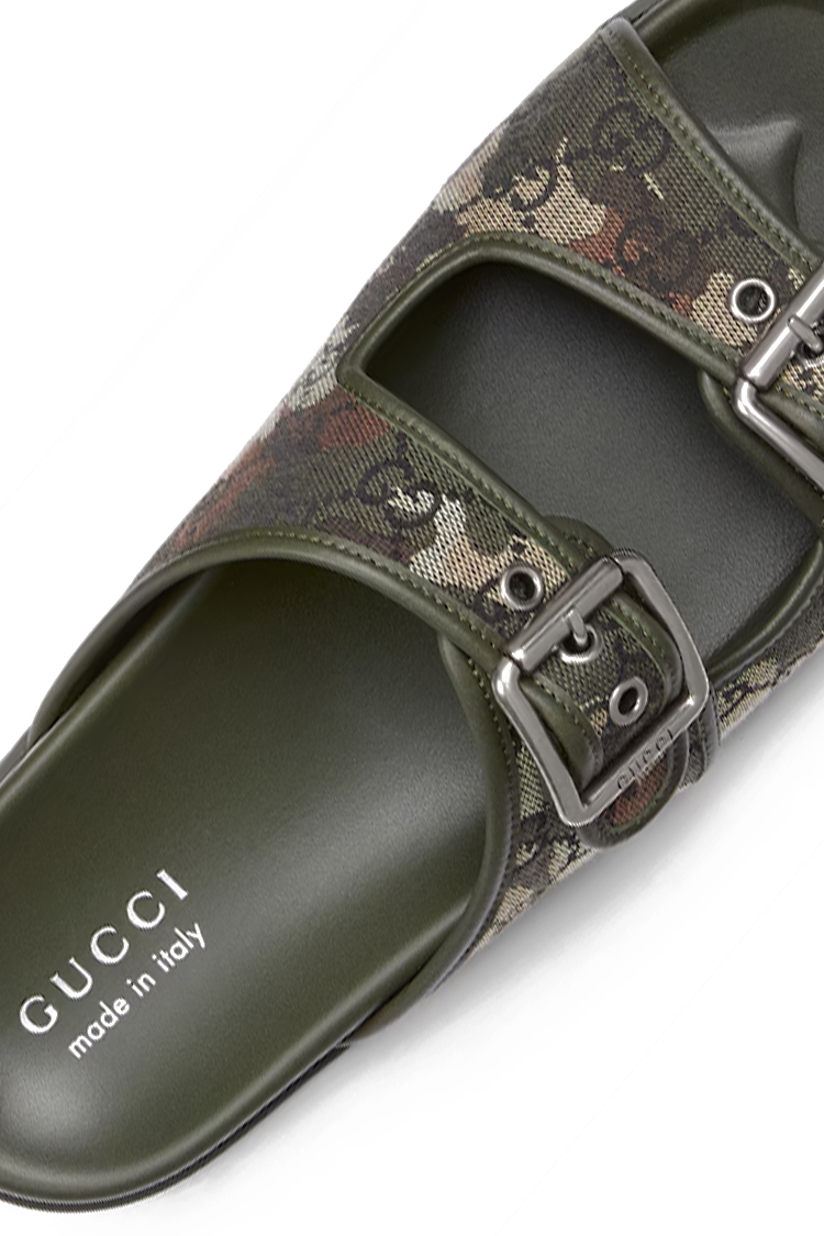 פכפי גוצ'י GUCCI אפור שחור תבנית לוגו GG אבזמים מטאליים סוליית עור