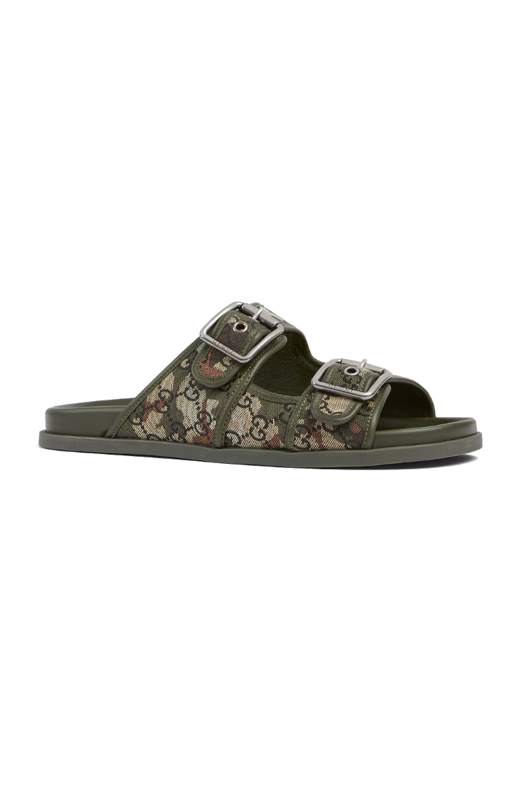 פכפי גוצ'י GUCCI אפור שחור תבנית לוגו GG אבזמים מטאליים סוליית עור