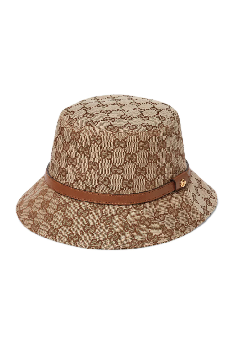 כובע באקט גוצ'י GUCCI נשים בז' חום תבנית GG Supreme רצועת עור ולוגו זהב