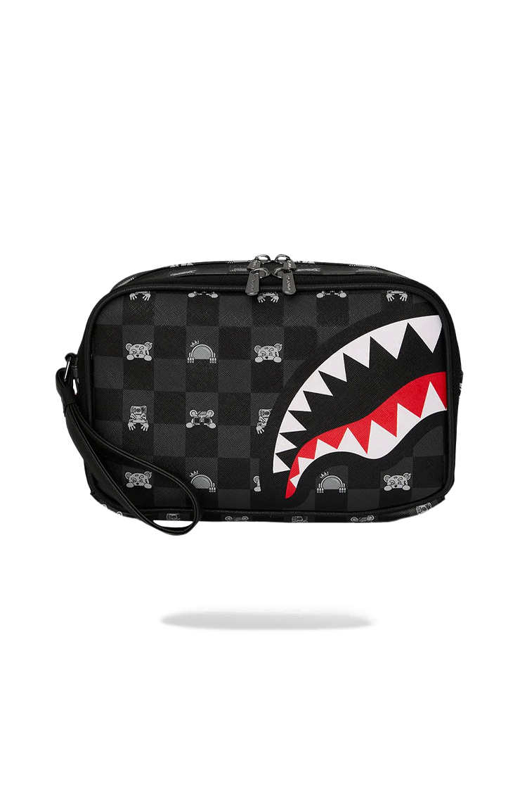תיק רחצה ספרייגראונד Sprayground שחור אפור משובץ עם גרפיקה צבעונית וגימור דמוי עור