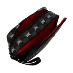 תיק רחצה ספרייגראונד Sprayground שחור אפור משובץ עם גרפיקה צבעונית וגימור דמוי עור