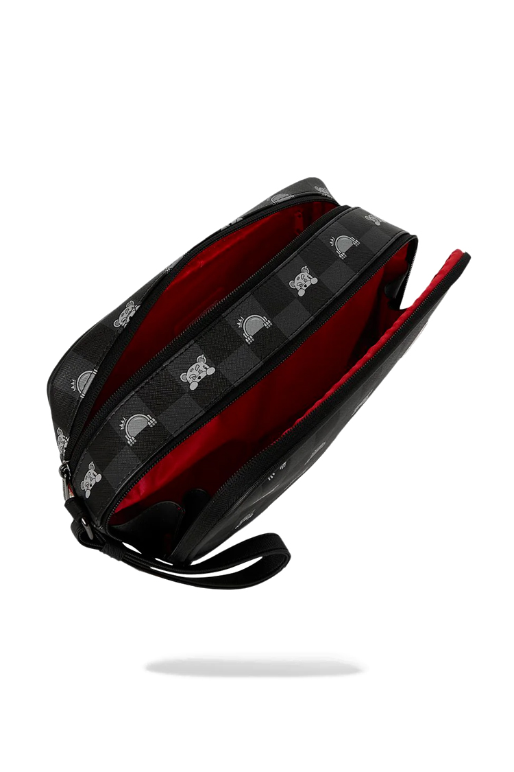 תיק רחצה ספרייגראונד Sprayground שחור אפור משובץ עם גרפיקה צבעונית וגימור דמוי עור
