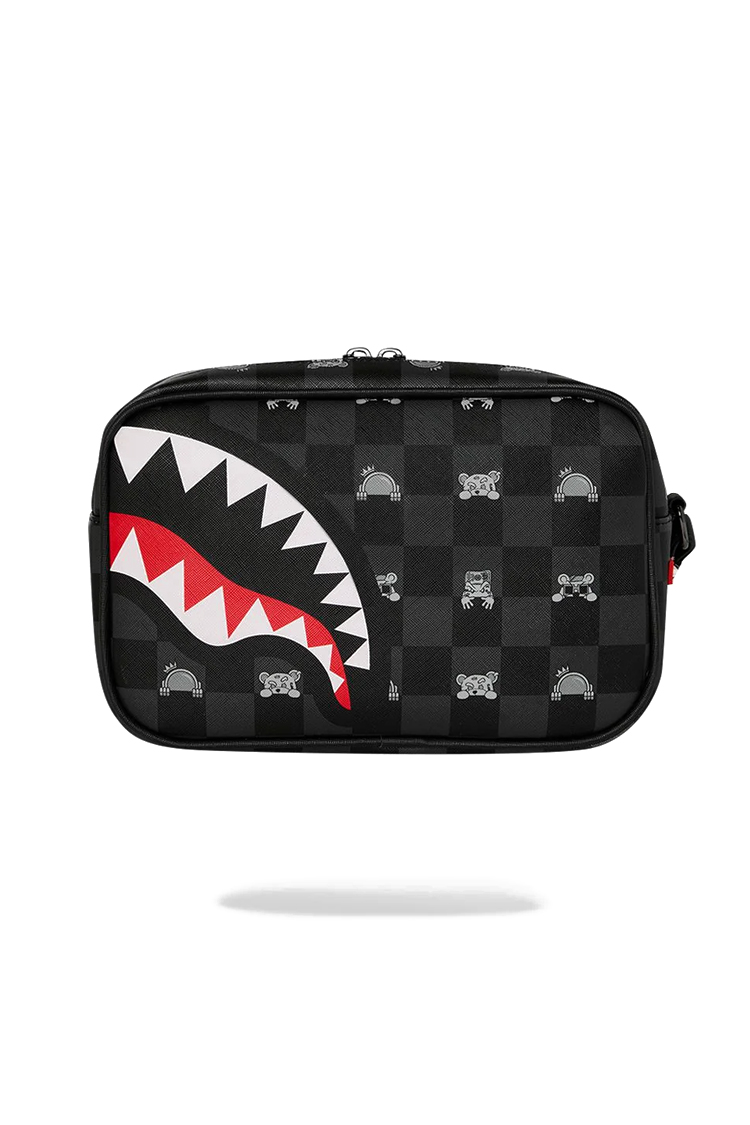 תיק רחצה ספרייגראונד Sprayground שחור אפור משובץ עם גרפיקה צבעונית וגימור דמוי עור
