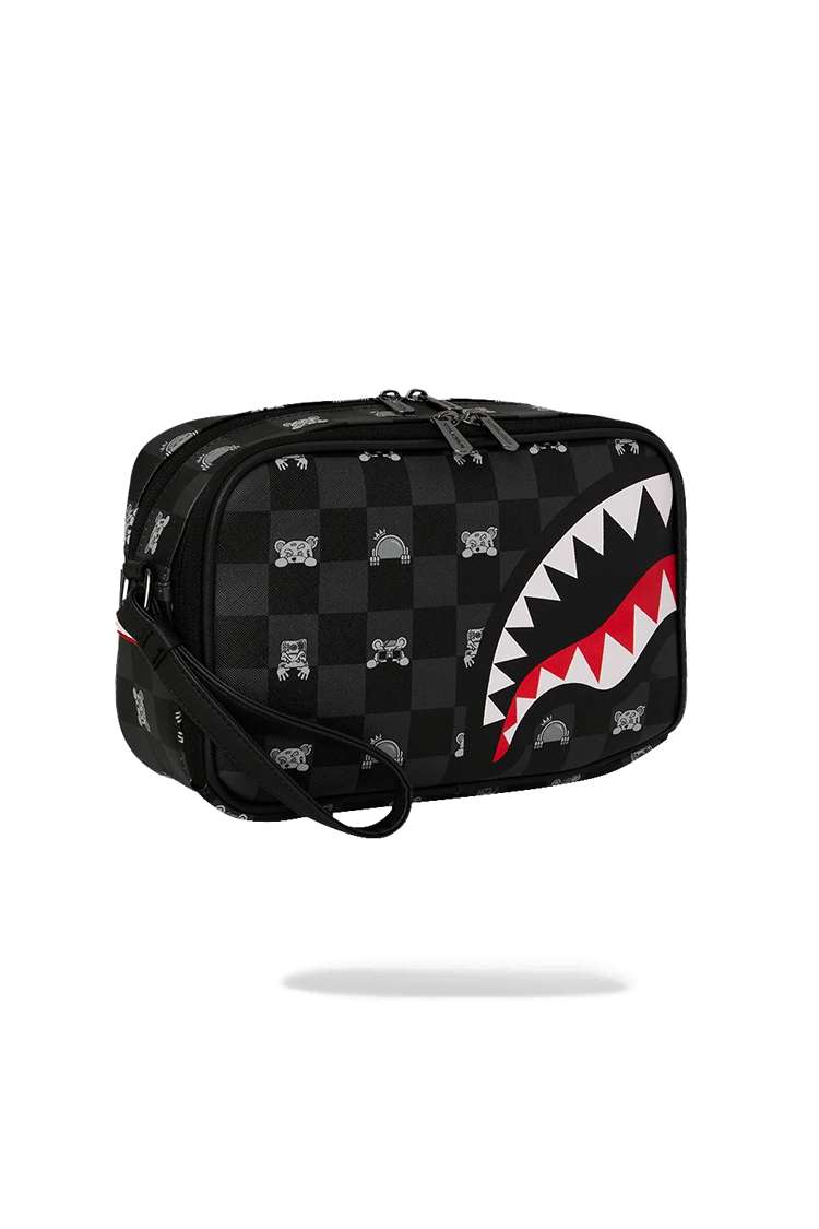תיק רחצה ספרייגראונד Sprayground שחור אפור משובץ עם גרפיקה צבעונית וגימור דמוי עור