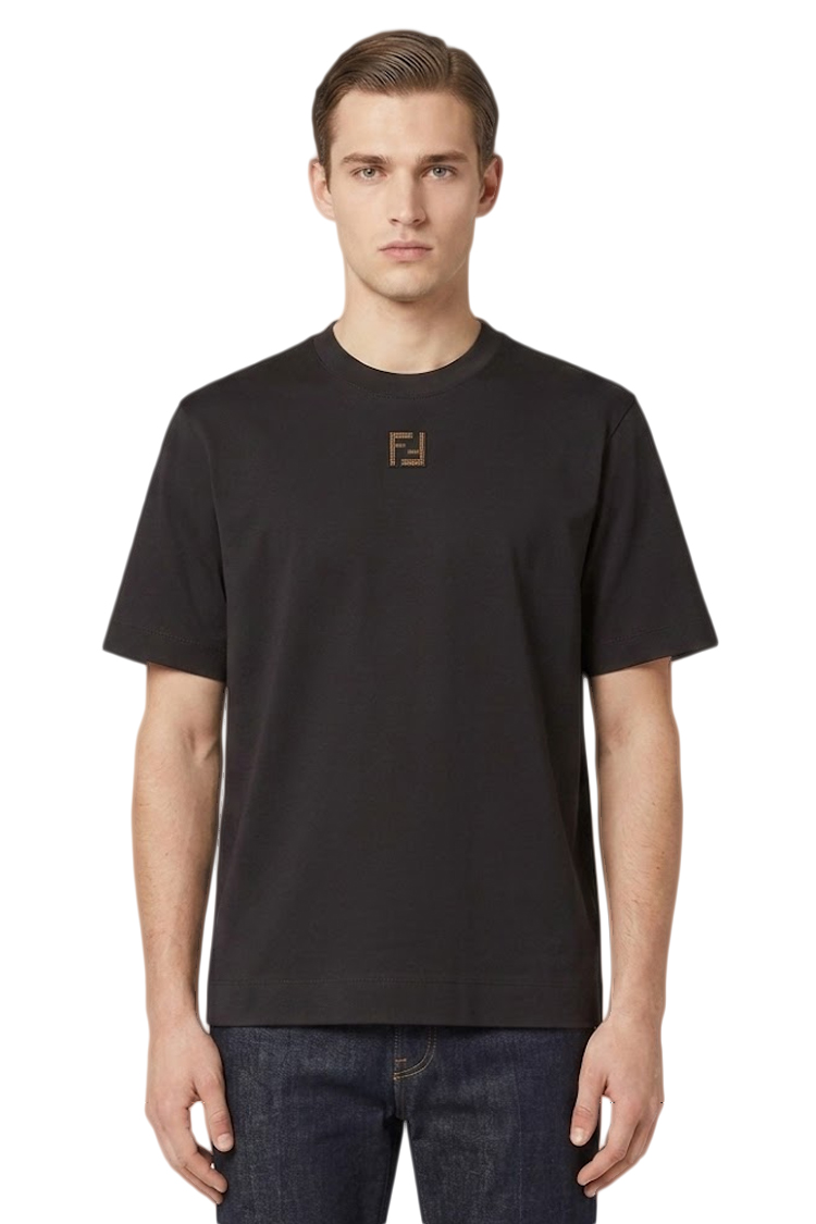 טי שירט פנדי FENDI שחורה עם פאץ' לוגו FF קורדורוי כותנה איכותית