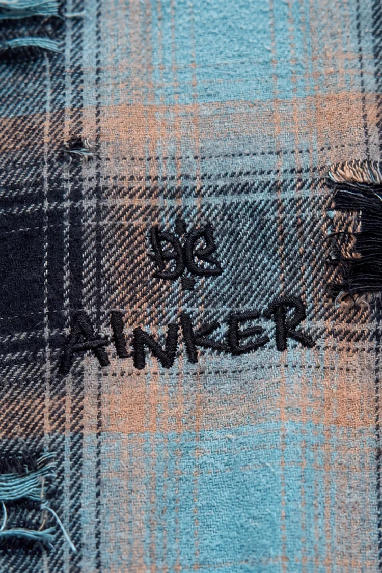 חולצת פלנל איינקר AINKER כחול משבצות דגם Flannel 1107 Plaid Overshirt אובר סייז כותנה מוברשת גימור משופשף