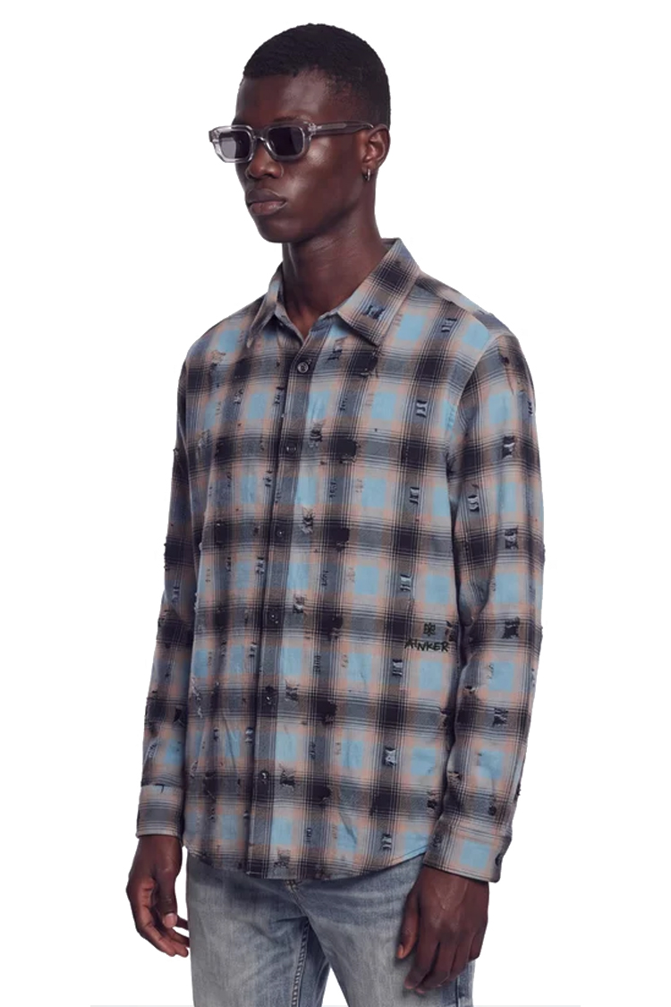 חולצת פלנל איינקר AINKER כחול משבצות דגם Flannel 1107 Plaid Overshirt אובר סייז כותנה מוברשת גימור משופשף