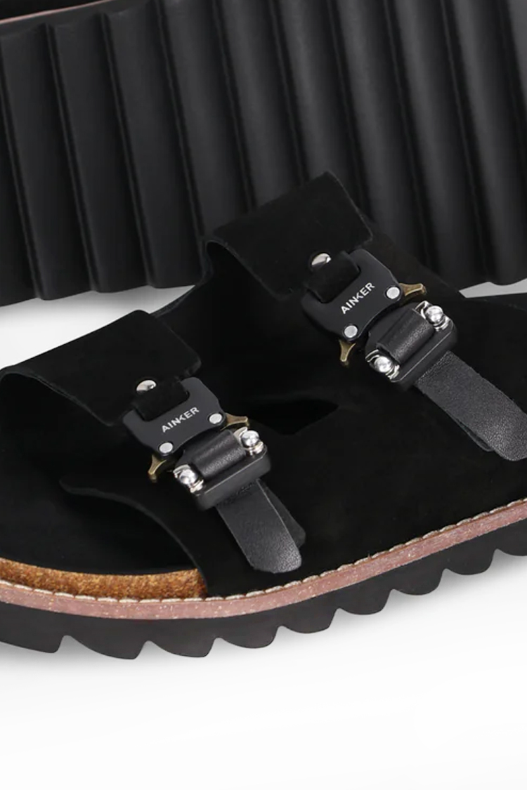 כפכפי עור אינקר AINKER שחור גברים דגם Swish Suede מדרס שעם אבזמי מתכת