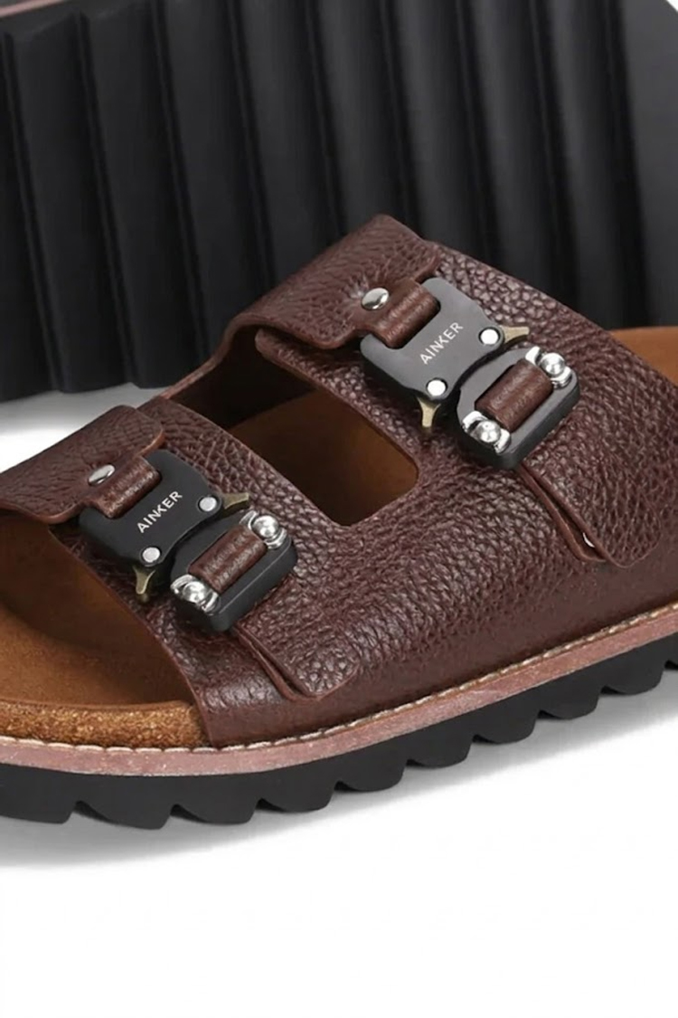כפכפי עור אינקר AINKER חום גברים דגם Swish Leather מדרס שעם אבזמי מתכת