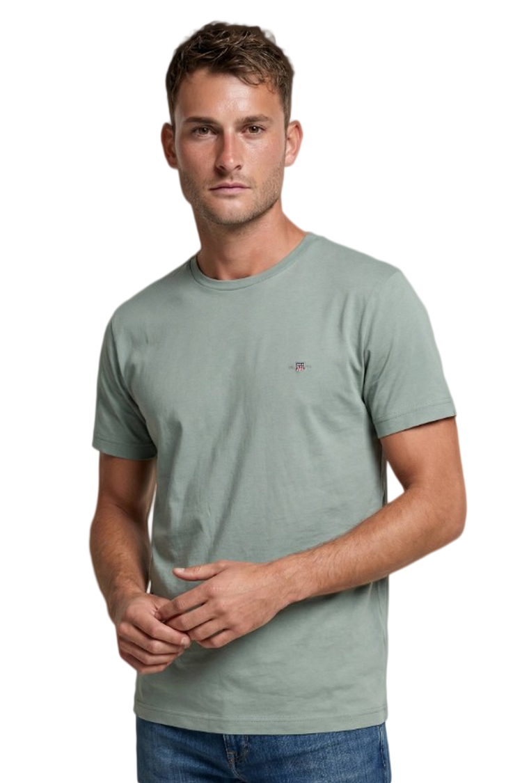 חולצת טי שירט גאנט GANT גברים אפור Slim Fit כותנה לוגו מגן רקום חזה קזואל