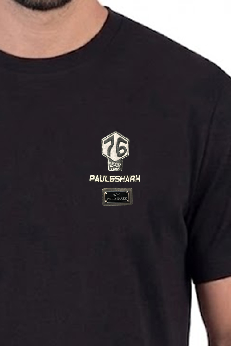חולצה פול אנד שארק PAUL SHARK שחורה גברים טי שירט פאץ רקמה לוגו כריש