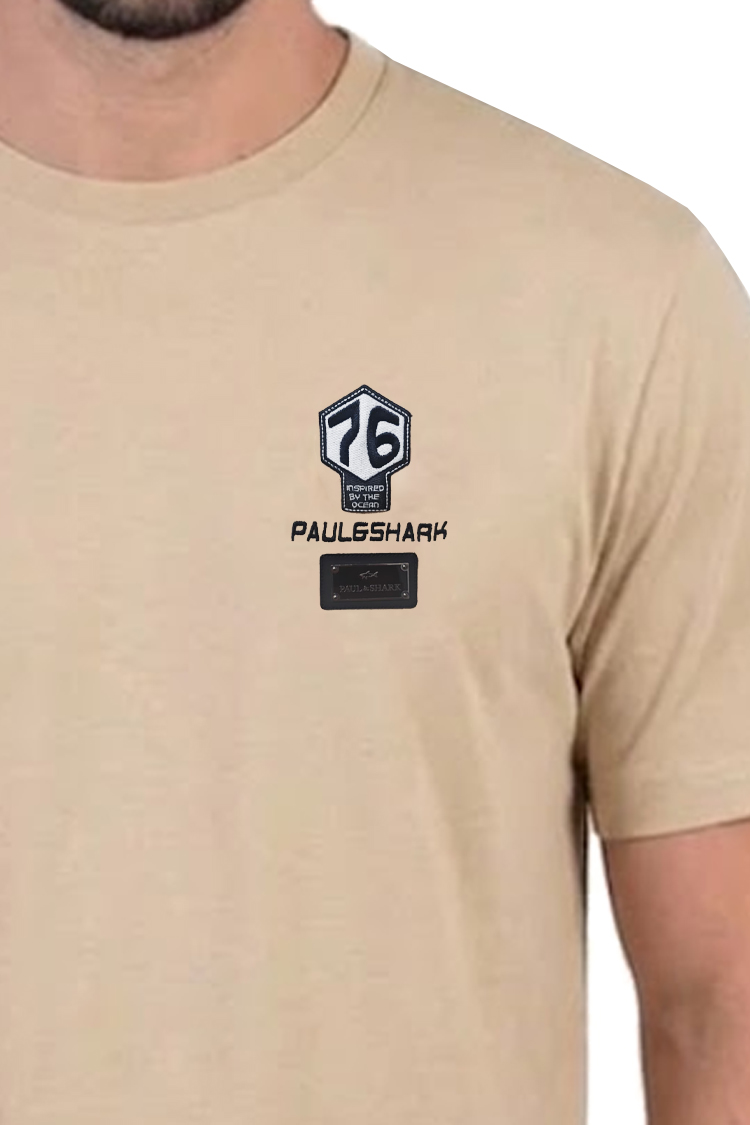 חולצה פול אנד שארק PAUL SHARK בז' גברים טי שירט פאץ רקמה לוגו כריש