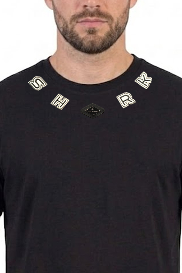 חולצה פול אנד שארק PAUL SHARK שחורה גברים טי שירט צווארון פאץ מטאלי רקמה לוגו כריש