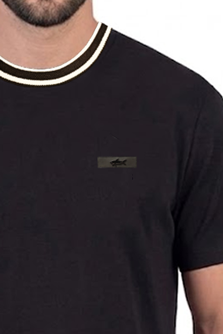 חולצה פול אנד שארק PAUL SHARK שחורה גברים טי שירט צווארון פסים רקמה לוגו כריש