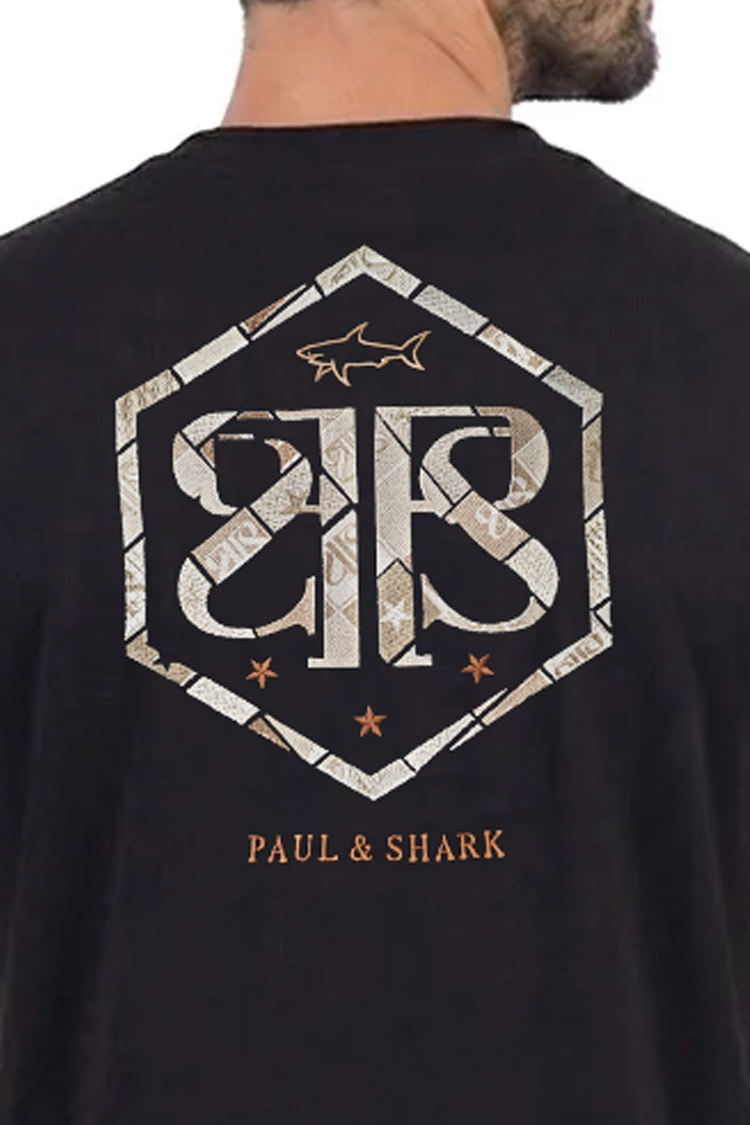 חולצה פול אנד שארק PAUL&SHARK שחורה גברים טי שירט גזרה נינוחה רקמה חזה גב