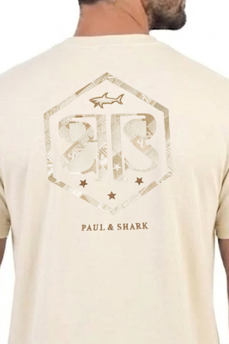חולצה פול אנד שארק PAUL&SHARK שמנת גברים טי שירט גזרה נינוחה רקמה חזה גב