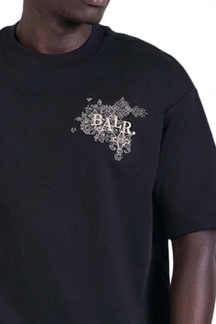 חולצה באלר BALR שחורה גברים טי שירט גזרה משוחררת רקמה פאץ עורף חצי מבריק