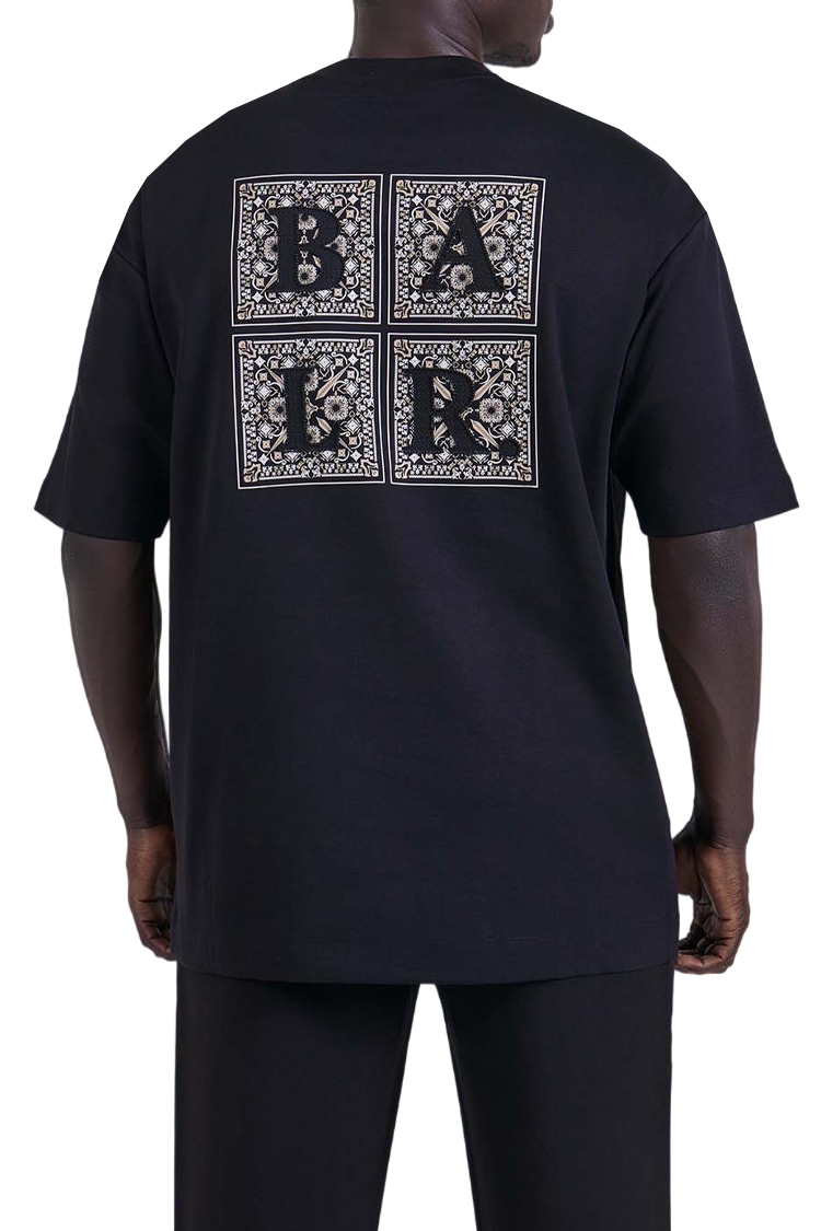 חולצה באלר BALR שחורה גברים טי שירט גזרה משוחררת כותנה חצי מבריק רקמה חזה רקמה פרחונית גב