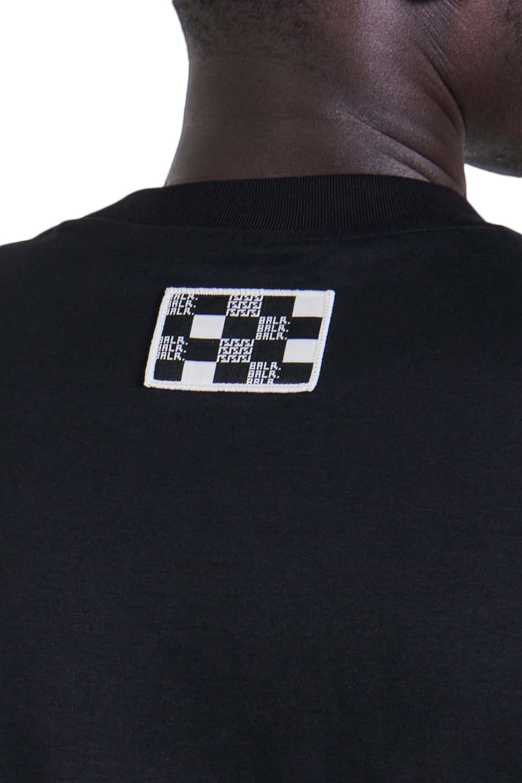 חולצה באלר BALR שחורה גברים טי שירט גזרה משוחררת רקמה שרוול פאץ עורף חצי מבריק