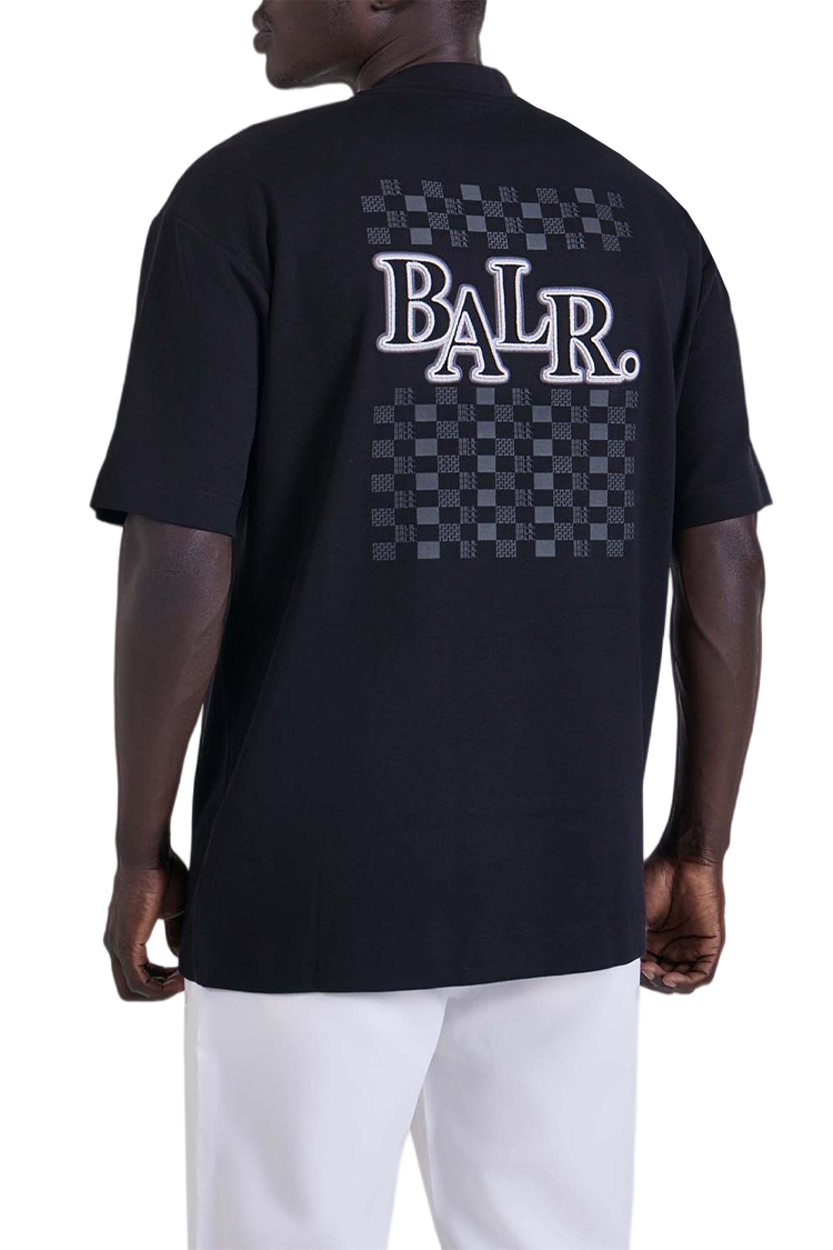 חולצה באלר BALR שחורה גברים טי שירט גזרה משוחררת כותנה חצי מבריק רקמה חזה שרוול גב