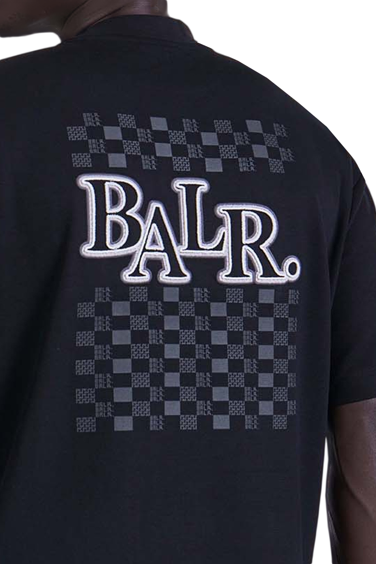 חולצה באלר BALR שחורה גברים טי שירט גזרה משוחררת כותנה חצי מבריק רקמה חזה שרוול גב