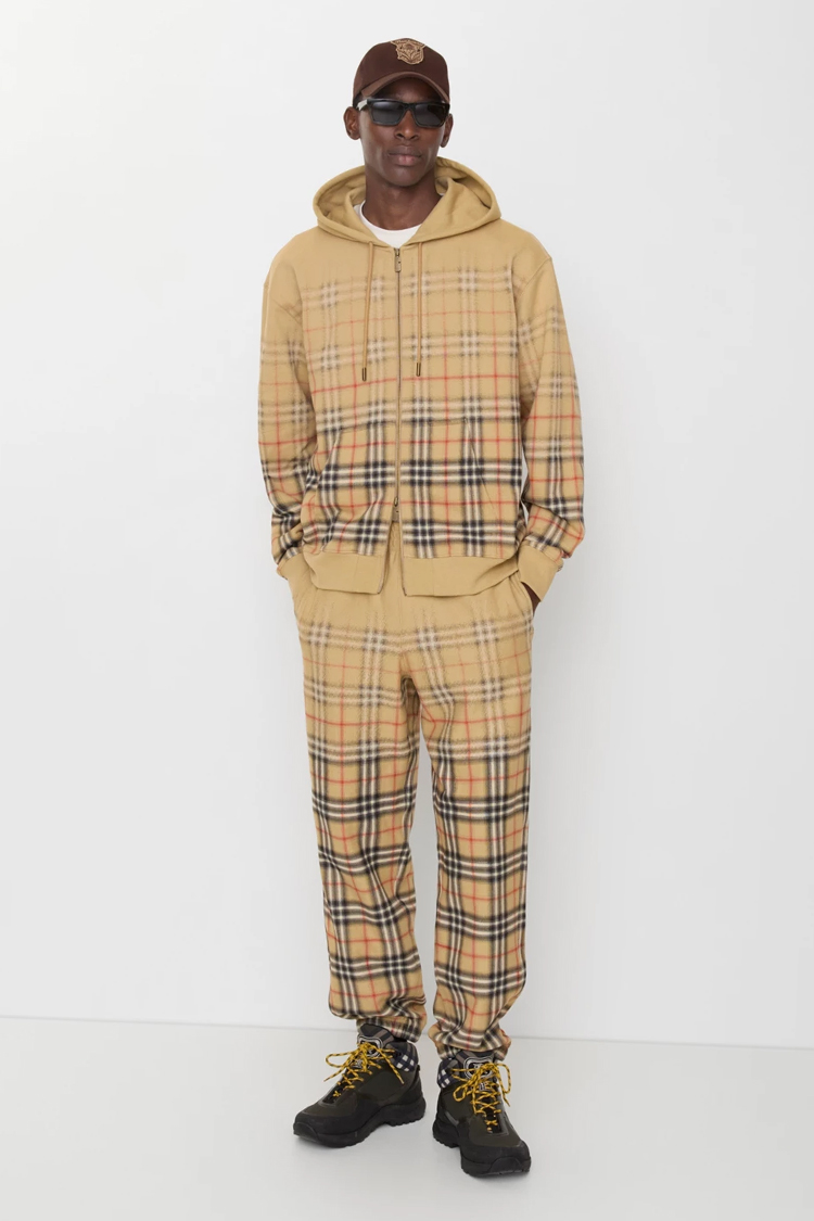 מכנס טרנינג ברברי BURBERRY בז גברים מכנסיים משבצות Gradient Check גזרה משוחררת הדפס דהוי