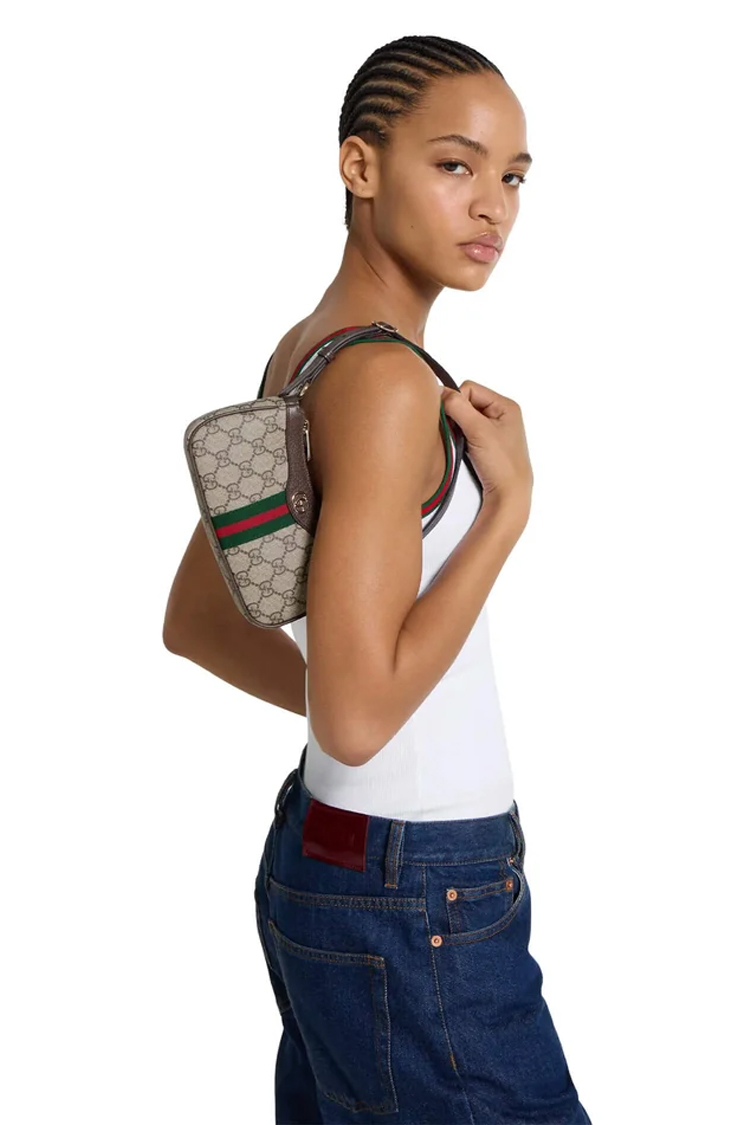 תיק ערב גוצ’י GUCCI חום בד ארוג עור דגם Ophidia mini shoulder bag רצועה מתכווננת